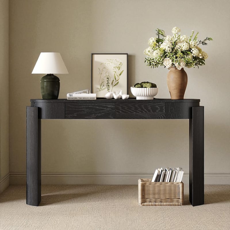 Rustic Oval Console Table with Fluted Design, 55" Entryway Accent Table with 2 Drawers and Curved Legs