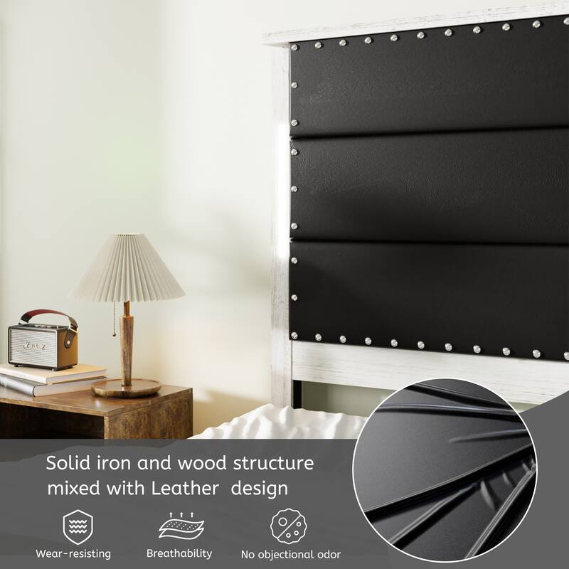 King Size Bed Frame with Upholstered Headboard, Charging Station & LED Lights, Dark Gray Faux Leather, No Box Spring Needed