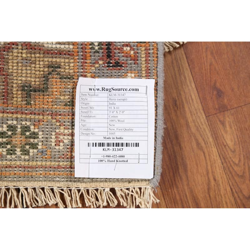Gray Geometric Heriz-Serapi Indian Accent Rug Handmade Wool Carpet - 2'0"x 3'0"
