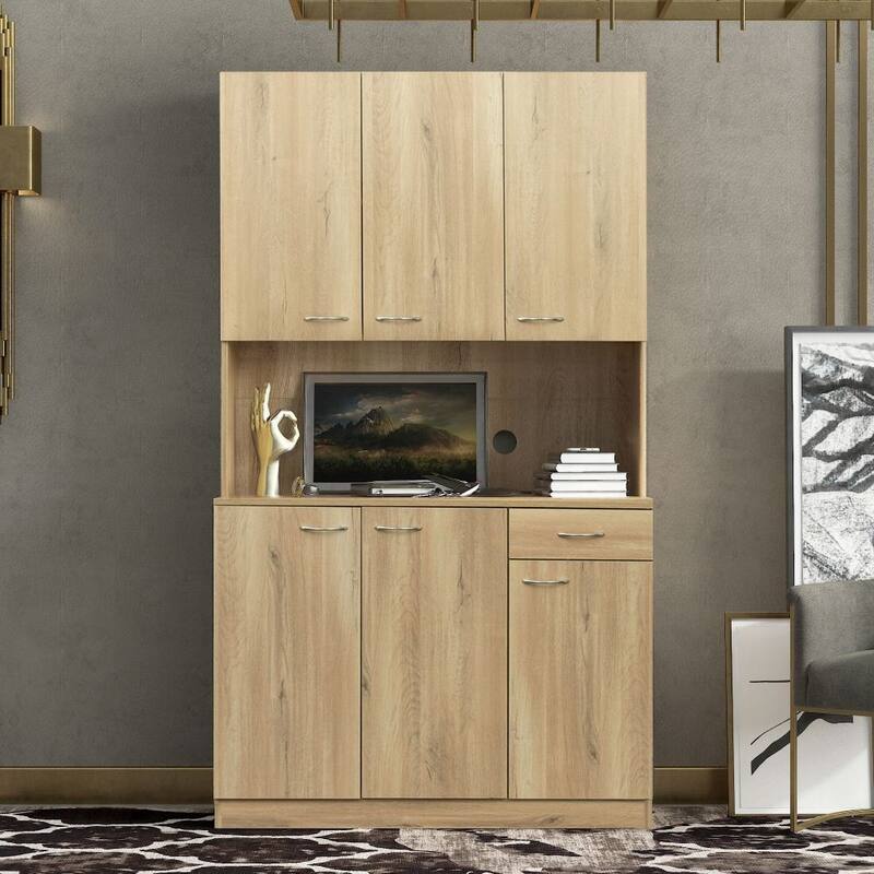 70.87" Tall Wardrobe& Kitchen Cabinet, with 6-Doors, 1-Open Shelves and 1-Drawer for bedroom,Walnut - Natural
