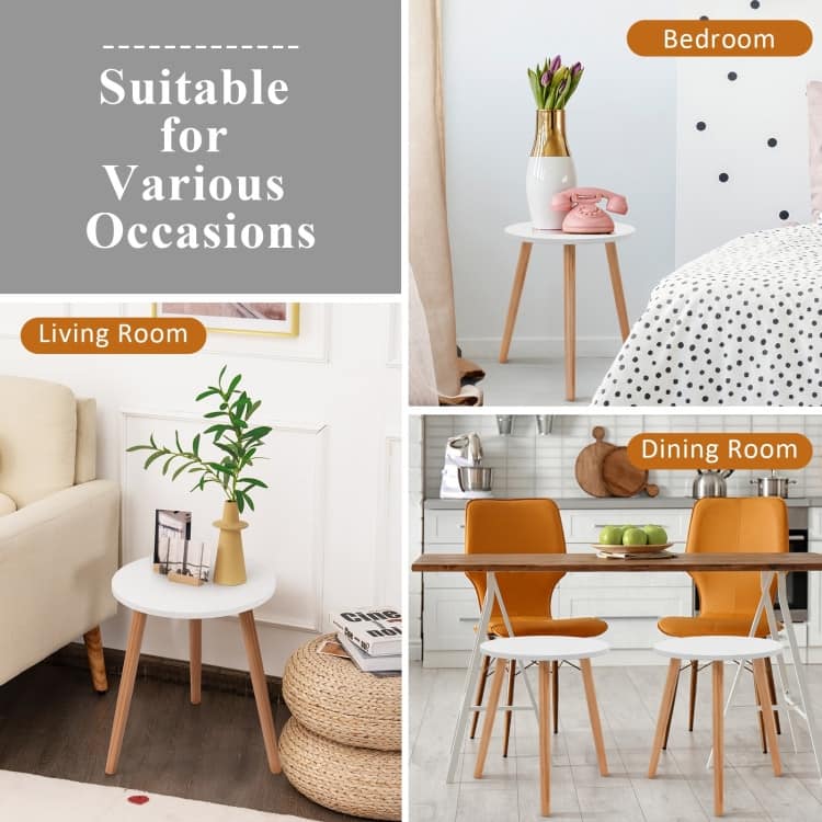 Round White Coffee Table with MDF Top and Pine Wood Legs Modern Minimalist Side Table for Living Room or Office