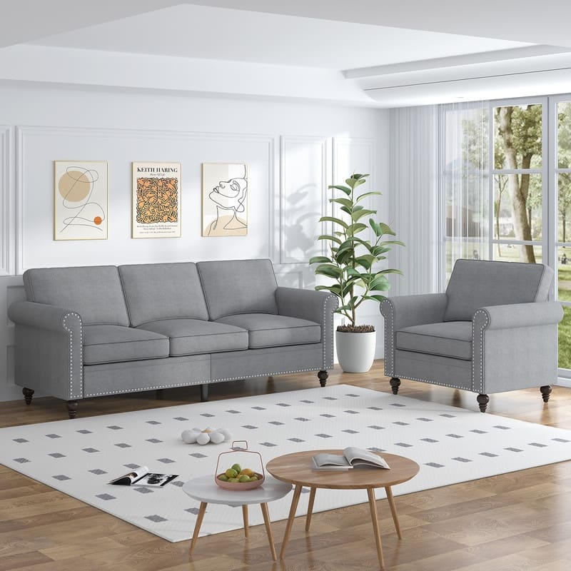 Mixoy 2 Piece Living Room Sofa Set with Rivet Design,Linen 3-Seater Sofa Couch,Loveseat Sofa/Single Sofa Chair - 3+1 - Light Grey-3+1