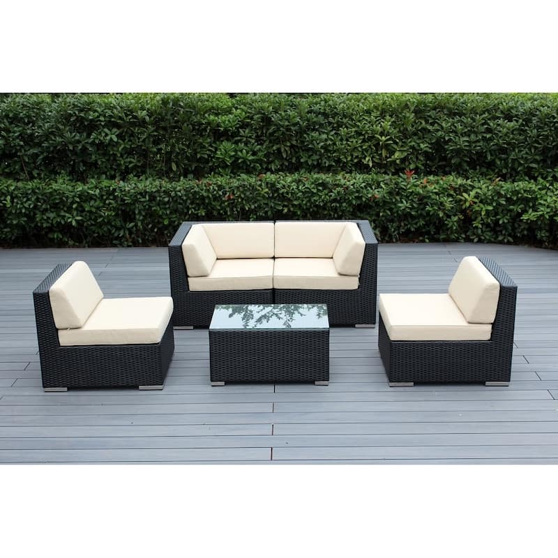 Ohana Outdoor Patio 5 Piece Black Wicker Sectional with Cushions - No Assembly - Beige