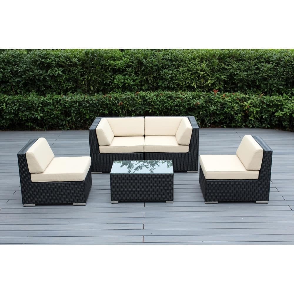 Ohana Outdoor Patio 5 Piece Black Wicker Sectional with Cushions - No Assembly