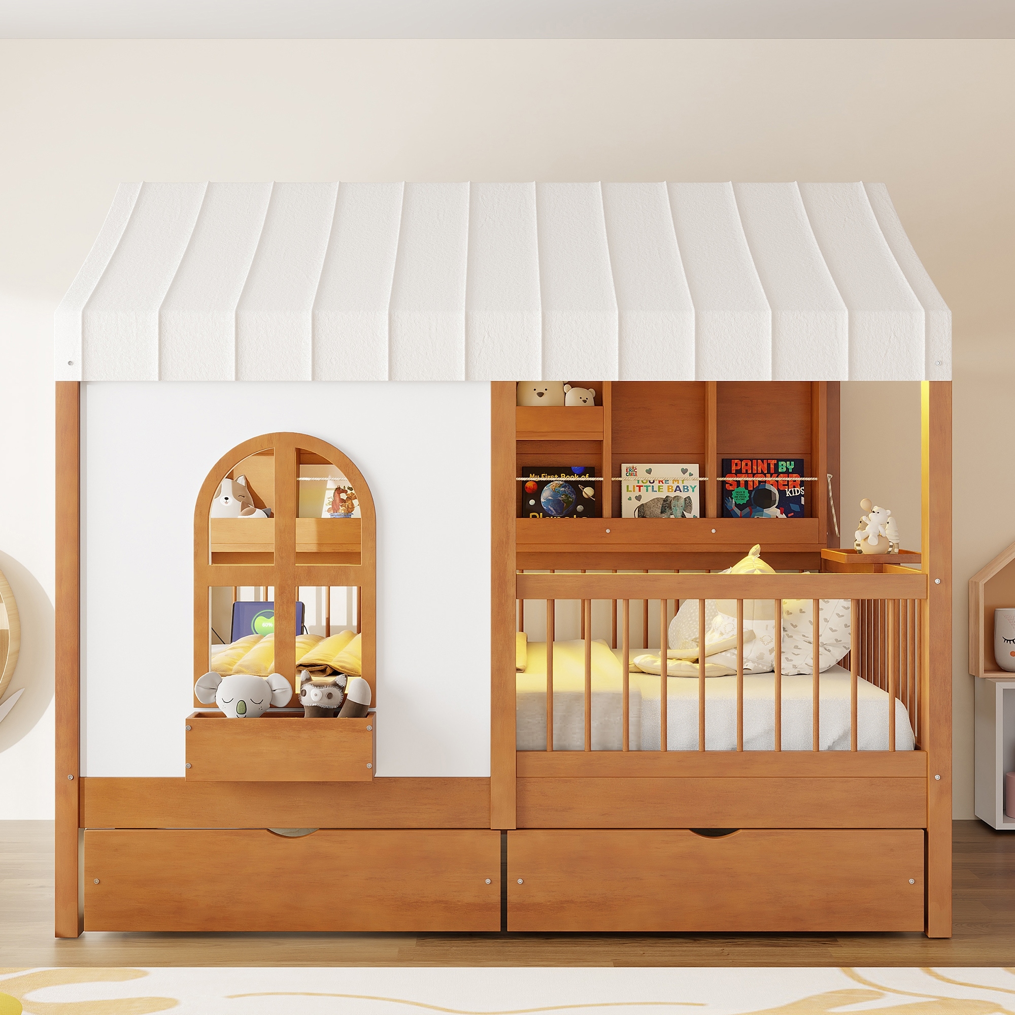 Full-Size House-Shaped Bed with 2 Large Drawers and Integrated Side Bookshelf featuring LED Strip Lighting‌.