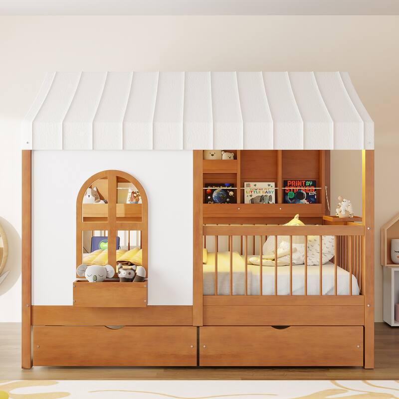 Roomfitters Full Size House Bed with Tent and LED Bookshelf, 2 Drawers