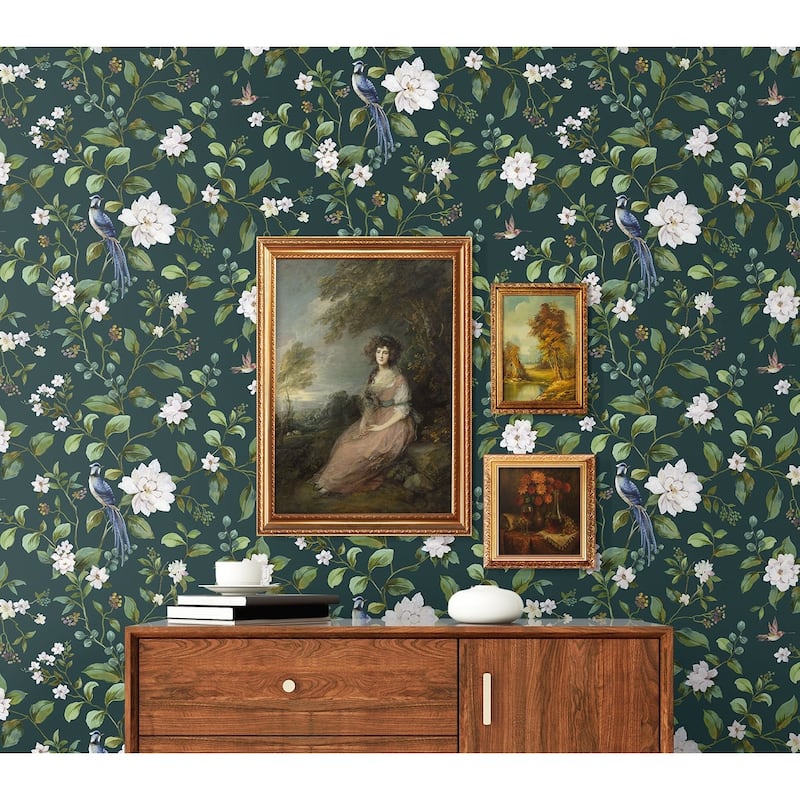 Daisy Bennett Designs Chinoiserie Bird Vine Premium Matte Non-Woven Peel and Stick Wallpaper