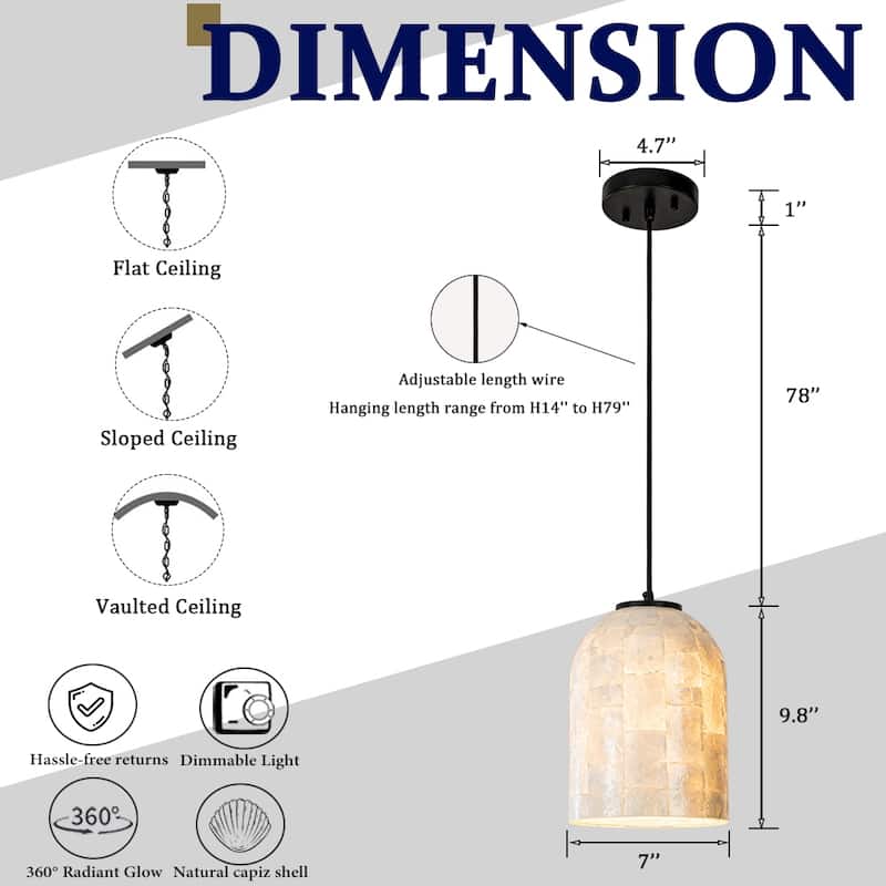 1-Light 7'' Modern Farmhouse Natural Capiz Seashell Single Pendant Light Coastal Cylinder Hanging Light For Kitchen - W7''