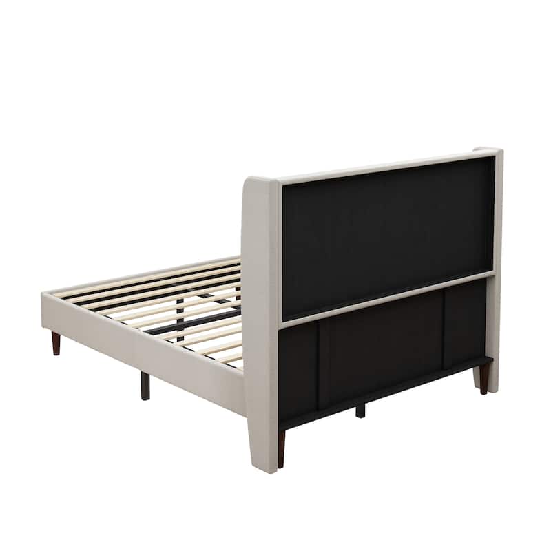 High Headboard Upholstered Bed, Queen Size Bed Frame, 12-Slat Support,Beige, Chenille Cloth, No Box Spring Needed