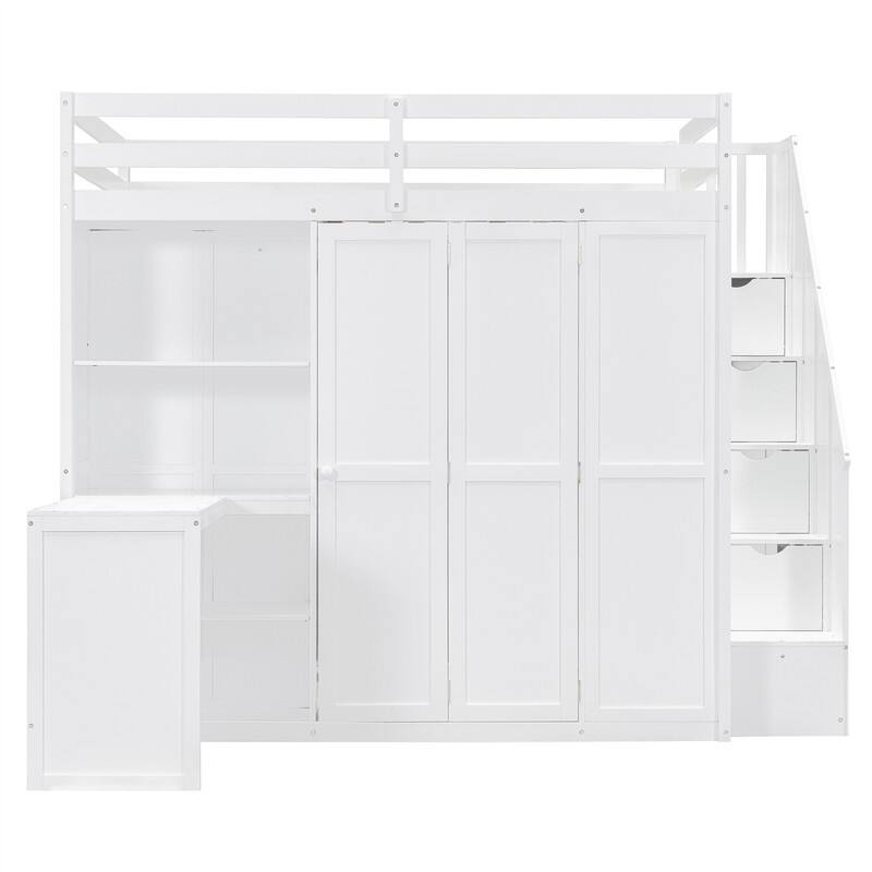 Full Size Loft Bed with Wardrobe, Bulit-in Desk and Storage Staircase, Kids Loft Bedframe with Storage Shelves and Guardrail