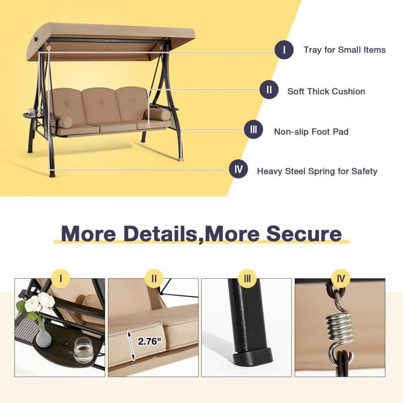 Outdoor 3-Seat Porch Swing with Adjustable Canopy & Cup Holder,Porch Swing Glider Chair, Heavy-Duty Steel Frame