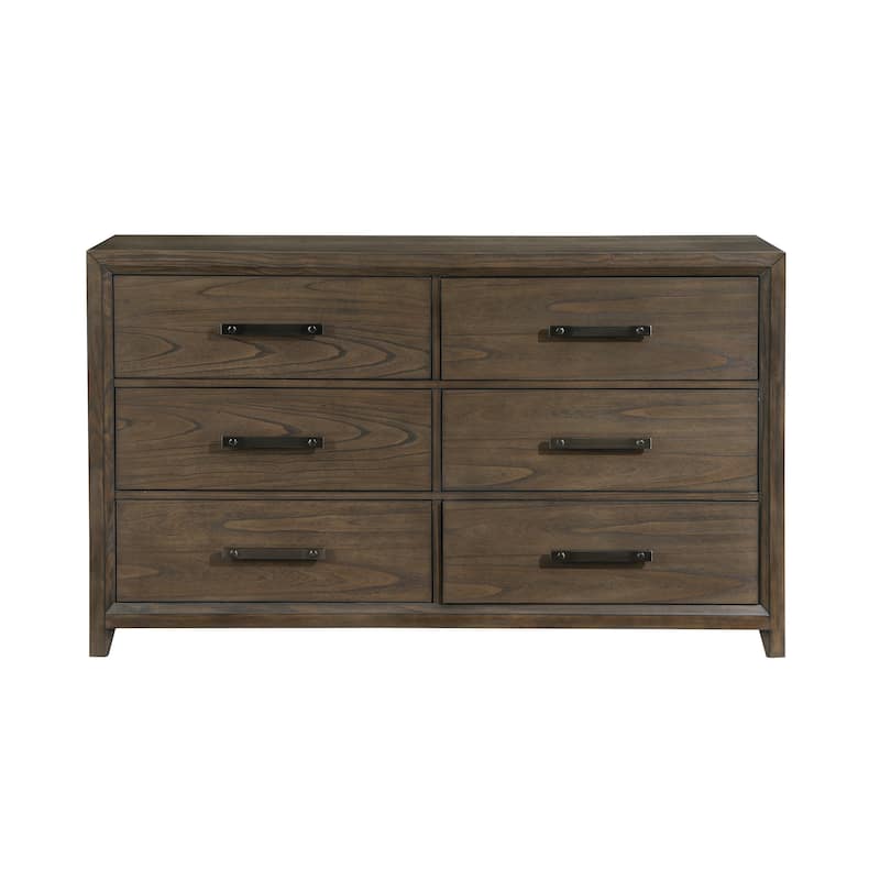 Wyn 62 Inch Wide Dresser, 6 Drawers, Nickel Handles, Brushed Walnut Brown