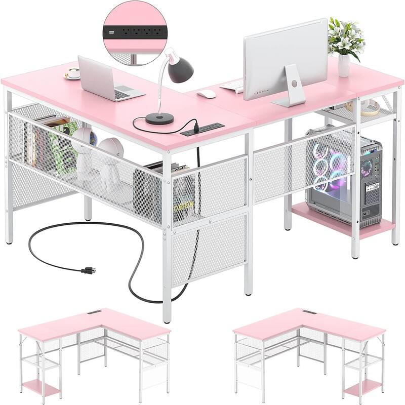 L Shaped Desk with USB Charging Port and Power Outlet - Pink