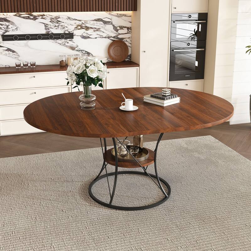 43.31" Round Extendable Wooden Dining Table with Storage Shelf and Metal Base