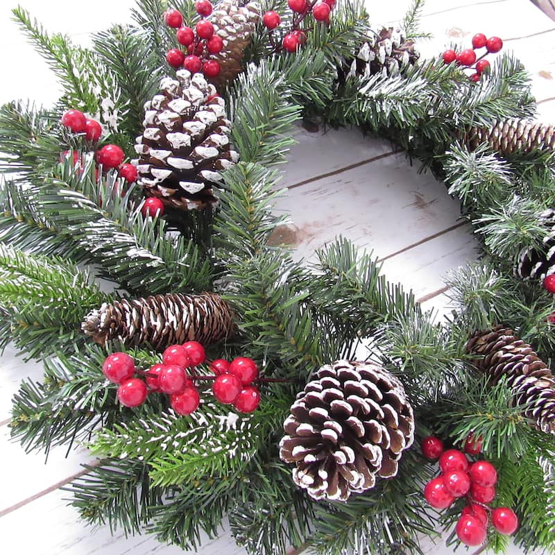 Artificial Mixed Frosted Pine Cone Berry & Pine Christmas Wreath 24in - 24" L x 24" W x 5.5" DP