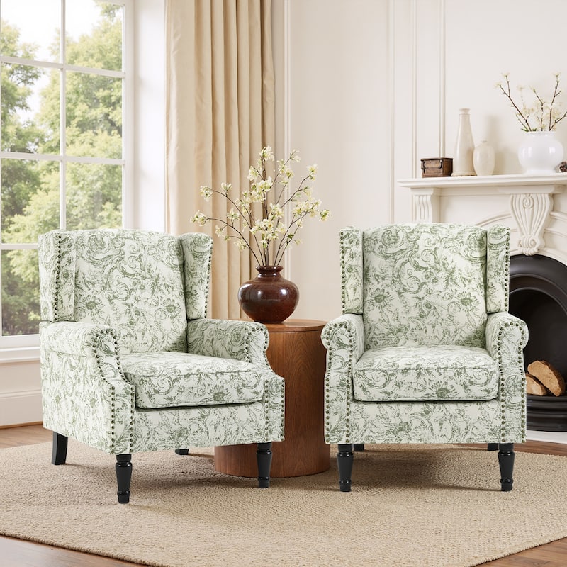 2 Set Transitional Patterned Wingback Accent Chairs with NailHead