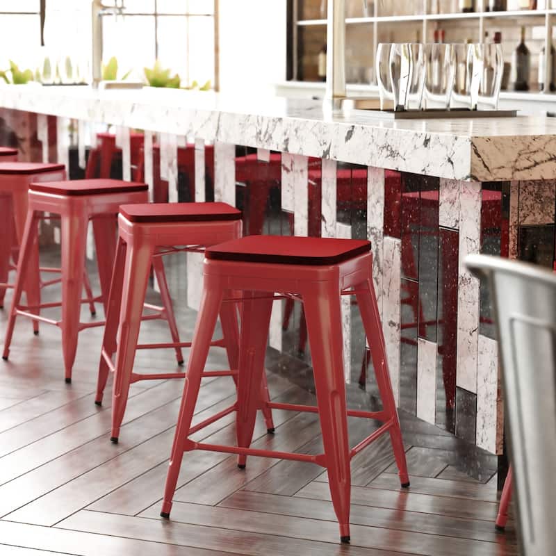Indoor/Outdoor Backless Counter Stool with Poly Resin Seat - Red/Red