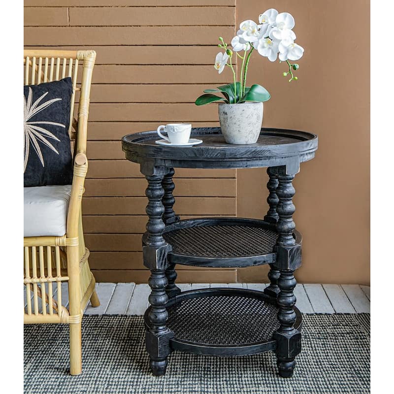 GDFStudio - Jonah Traditional Three-Tier Side Table with Rattan Shelves and Turned Wood Legs - 25.6" - Black
