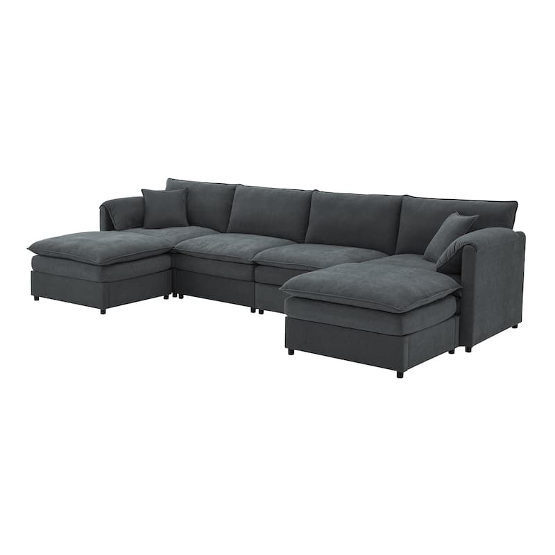 134" Chenille U-Shaped 6 Seater Modular Sectional Sofa with Double Cushions and Removable Ottomans