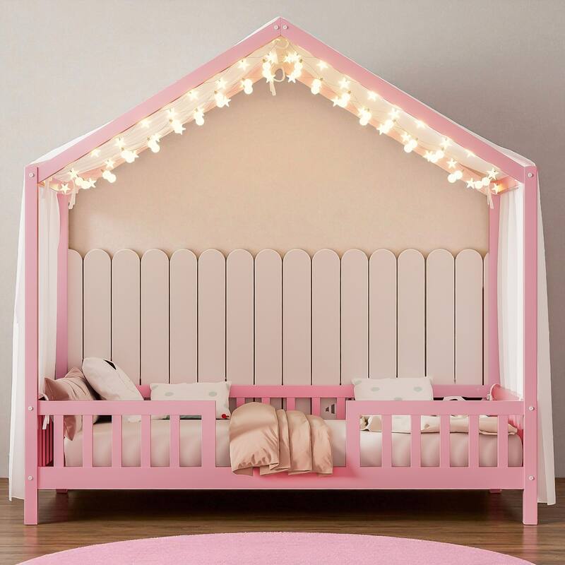 Montessori House Bed with Canopy, Twin/Full Kids Floor Bed Frame with High Railings, Wooden Roof Bed for Toddlers and Children