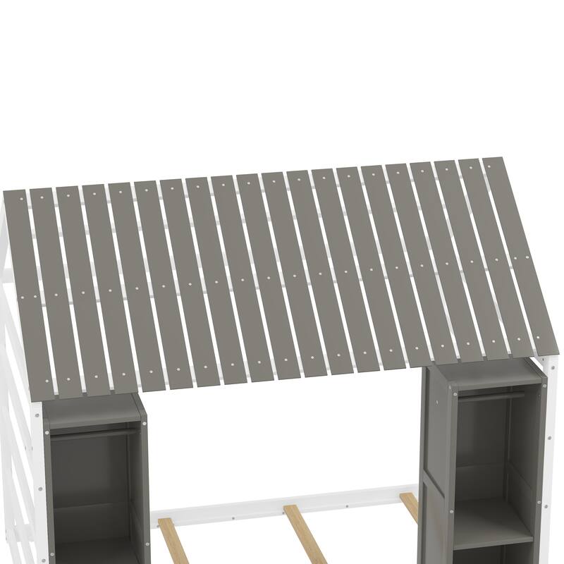 Wooden Twin Size House Bed with Fence and Roof, Kids Floor Bed with Two Movable Wardrobes, Gray
