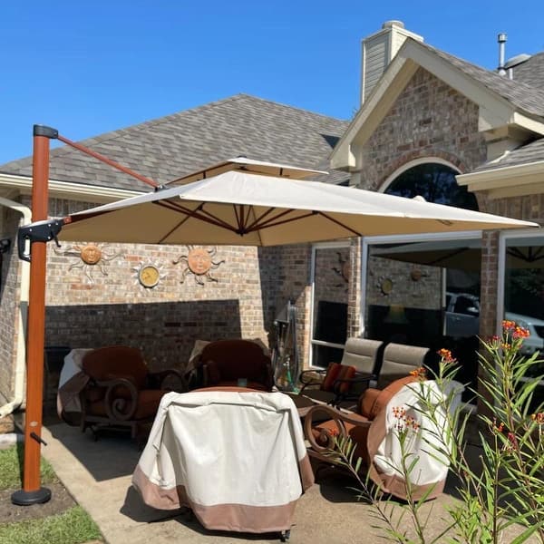 best sunbrella patio umbrellas PURPLE LEAF 10 ft. x 13 ft. Sunbrella Double Top Aluminum 360 Rotation  Cantilever Patio Umbrella in Spectrum Denim, with Base ZA4DHRC1013SDB