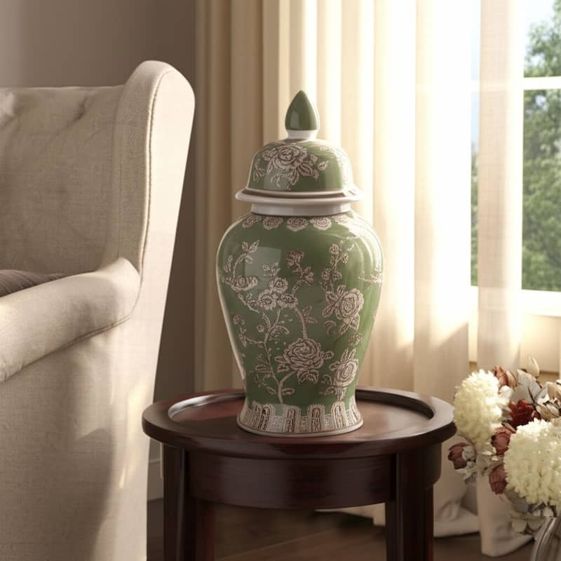 Ceramic Decorative Temple Jar Bird Flower with Lid for Home Decor
