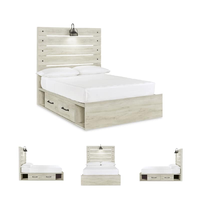 Cambeck Whitewash Panel Bed With 2 Under Bed Storage Drawers