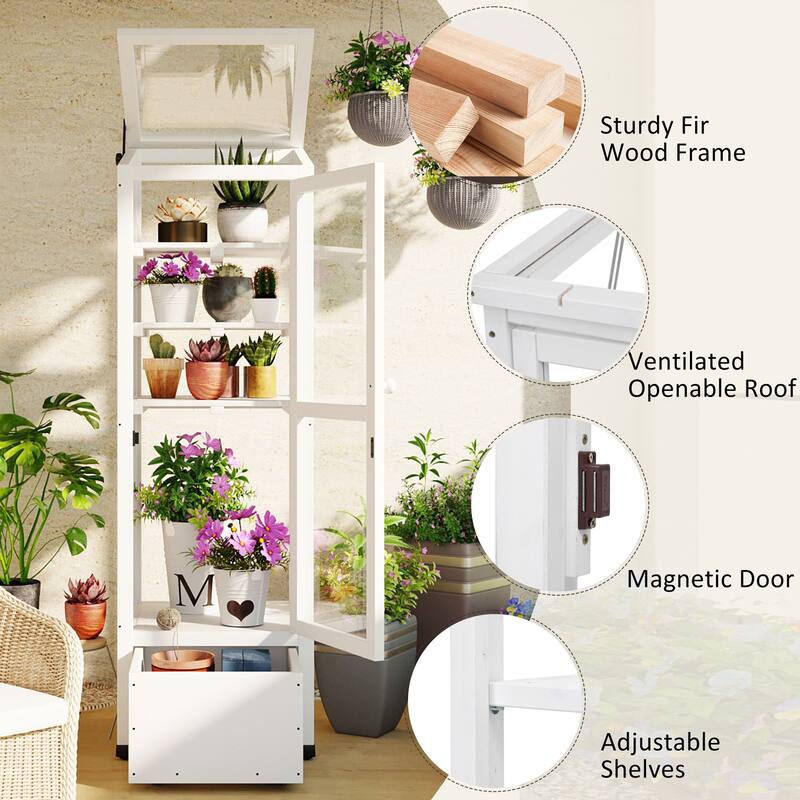Roomfitters 62.4" Wood Garden Greenhouse with Movable Storage Box and Adjustable Shelves