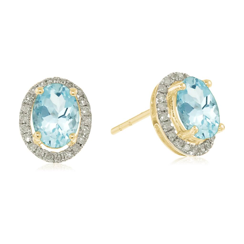 10k Yellow and Rose Gold Genuine Gemstone And Diamond Princess Diana Oval Halo Stud Earrings