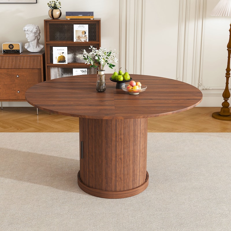 59" Extendable Oval Dining Table with 2-Tier Storage for 4-6, Walnut Finish & Pedestal Base