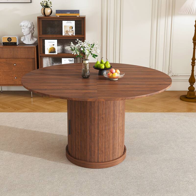 Anmytek Extendable Round Dining Table with Hidden Storage Walnut Pedestal Kitchen Table