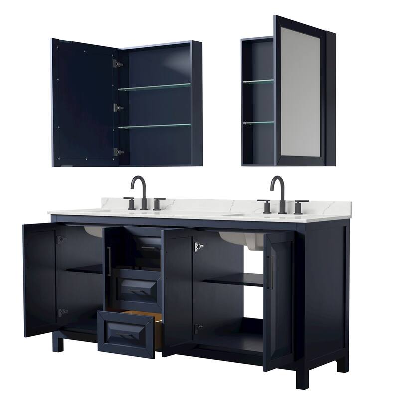 Daria 72-inch Double Vanity, 3 Hole Quartz Top, Med Cabinets
