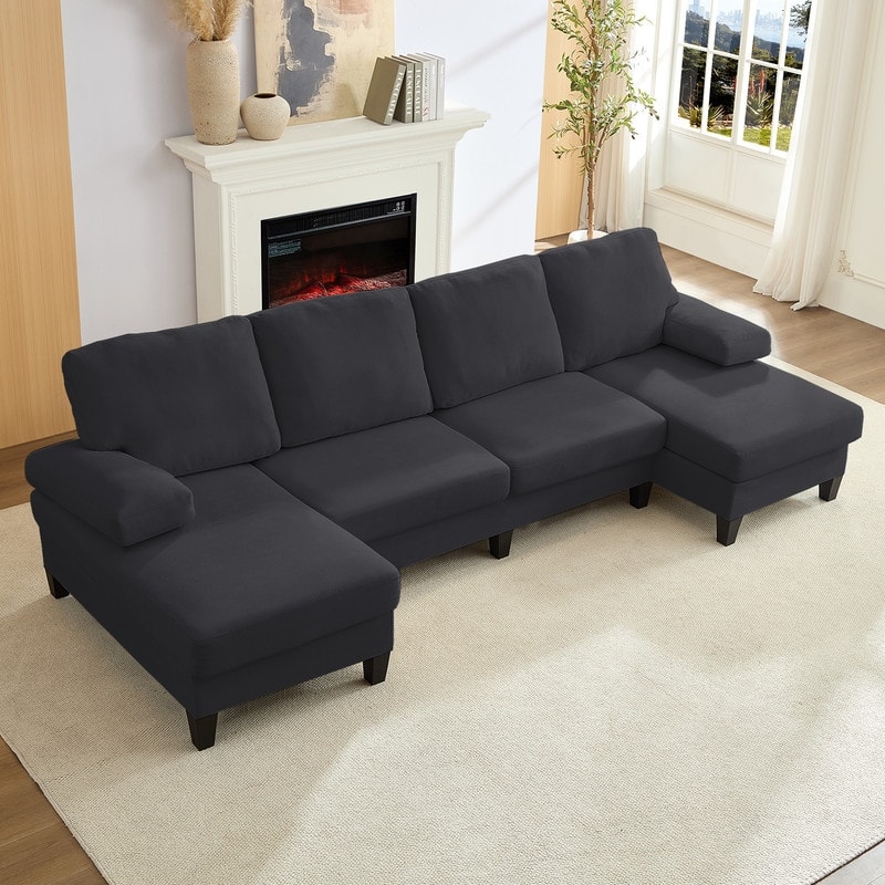 Mixoy W110"Velvet U-Shaped Sectional Sofa Couches,Upholstered 4-Seater Sofa with Double Chaises and Sleepable Armrest - Dark Grey - Symmetrical