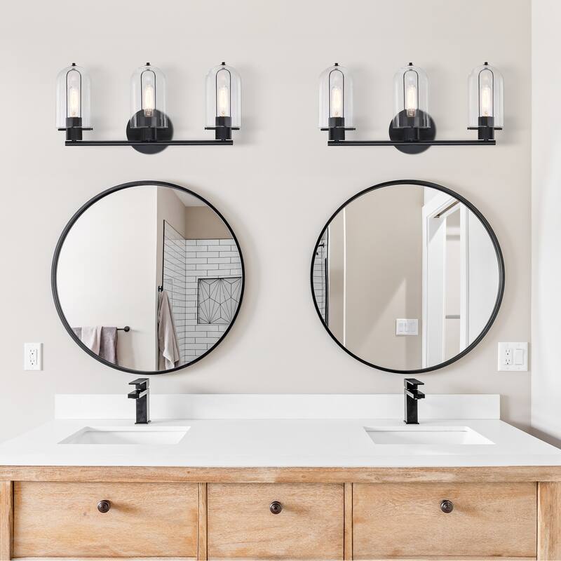 Skylar 24.5 in. 3-Light Matte Black Vanity Light with Clear Glass Shades for Bathrooms