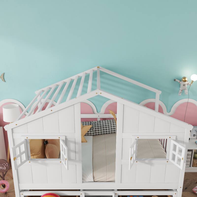 Full Size House Loft Bed with Roof, Windows, 4 Drawers, Ladder, White Pine Wooden Bed