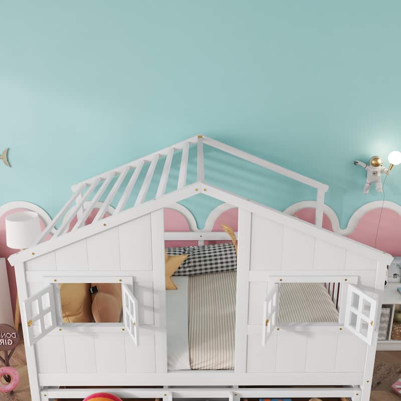 Full Size House-shaped Loft Bed with House Roof Frame Skylight Windows 4 Storage Drawers Guardrails and Stairs for Kids' Room