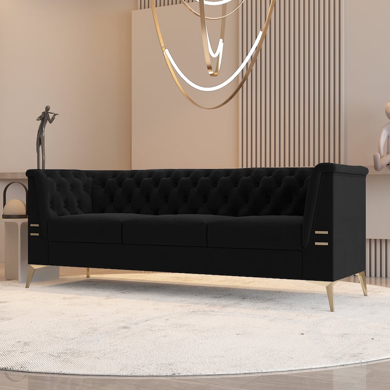 Velvet Upholstered 3-Seater Sofa Modern Living Room Couch Sofa with Deep Button Tufting Sofa and Metal Legs, Square Arms
