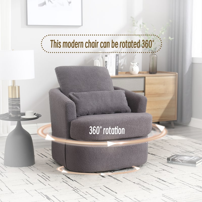 Swivel Barrel Chair with 2 Pillows, Teddy Fabric Upholstered Club Chair, Lounge Sofa Chair with Round Armrests & Backrest
