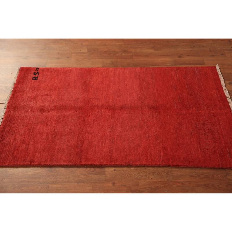 Modern Gabbeh Oriental Rug Hand-Knotted Solid Red Wool Carpet - 2'6" x 4'0"