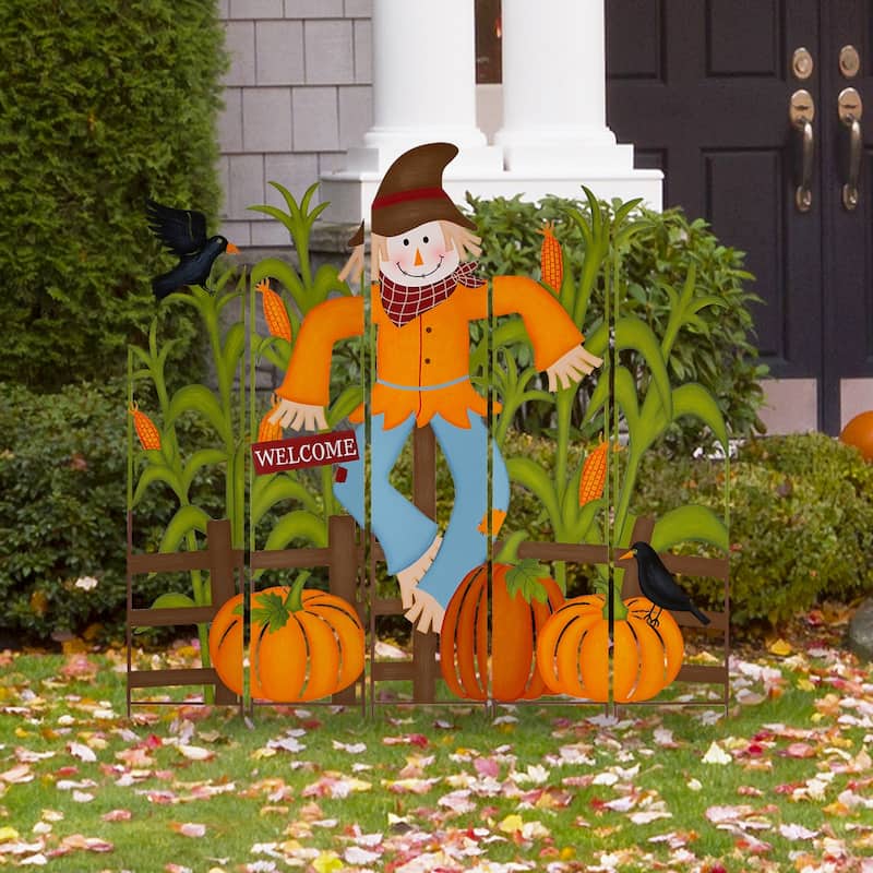 Glitzhome Welcome Fall Metal Scarecrow Corns Pumpkin Fence Yard Stake Halloween Thanksgiving Decor