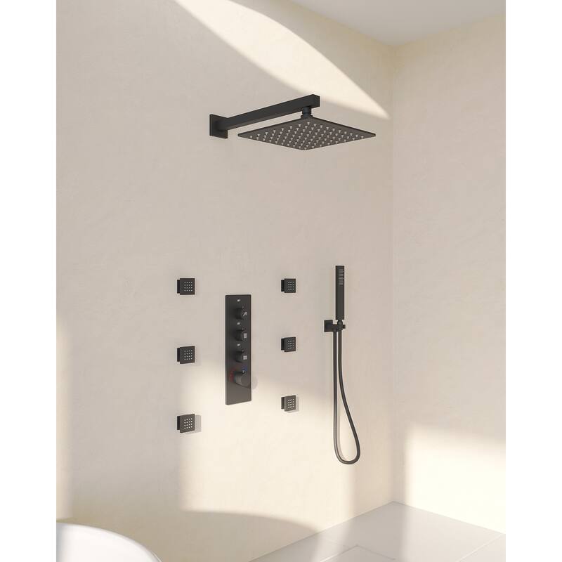 GRANDJOY Thermostatic Shower Faucet Set 12 inch Wall Mount Rainfall Shower Head with 6 Body Jets and Handheld Spray Combo