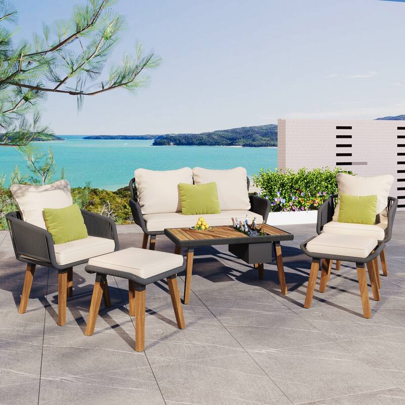 6 Pcs Patio Furniture Set, All-Weather Conversation Sets with Cushions Armchairs, Acacia Wood Bar Table and Ice Bucket - Beige+Black