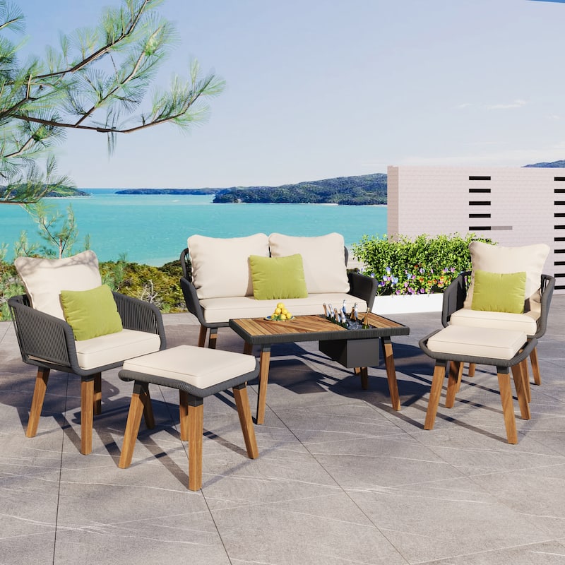 6 Piece Outdoor Woven Rope Furniture Set Deep Seat Patio Conversation Sofa Set, Acacia Wood Cool Bar Table with Ice Bucket