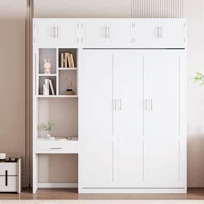 Full Size Wall Murphy Bed with Desk Top Cabinet and Storage Shelves