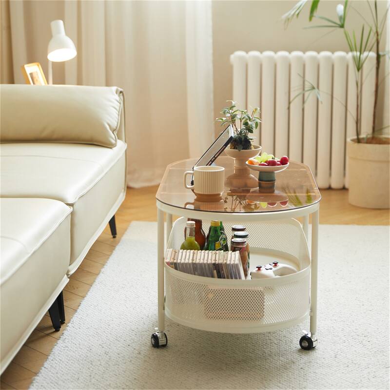 Movable Oval Metal Glass Coffee Table with Storage