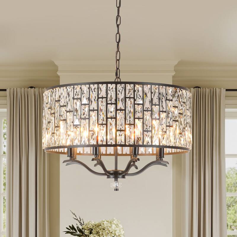 8-Light Modern Glam Black Faceted Crystal Chandelier with Cylinder Drum Shade for Dining Room, Living Room - Black/Clear - 24.4 in. W x 19.7 in. H x 24.4 in. D