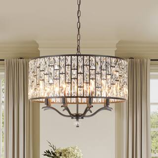 8-Light Modern Glam Black Faceted Crystal Chandelier with Cylinder Drum Shade for Dining Room, Living Room