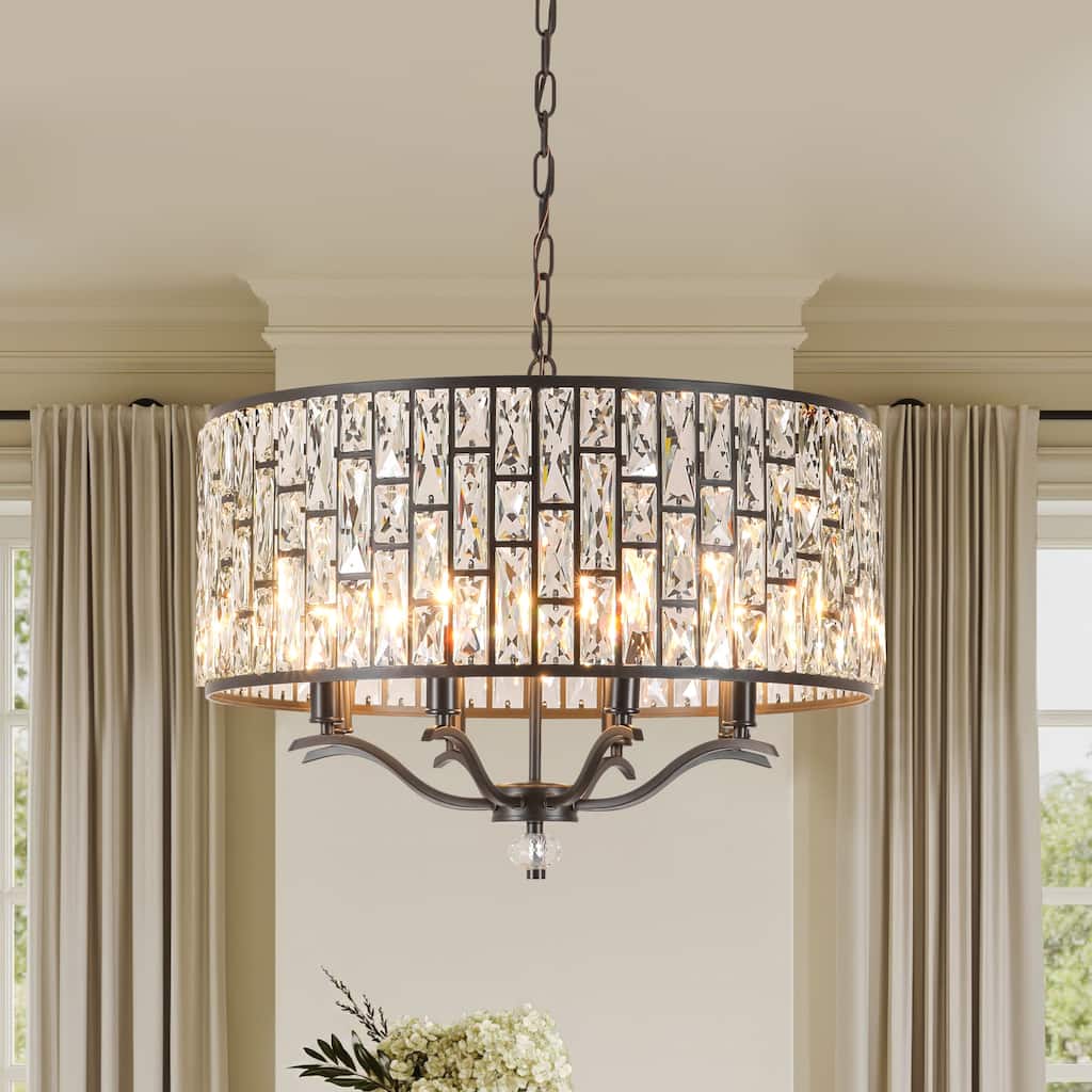 8-Light Modern Glam Black Faceted Crystal Chandelier with Cylinder Drum Shade for Dining Room, Living Room