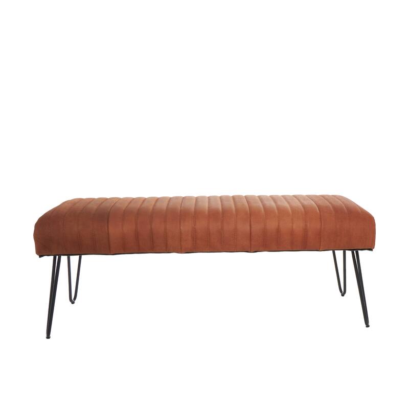 Brown Leather Upholstered Bench with Linear Tufted Panels and Black Metal Hairpin Legs